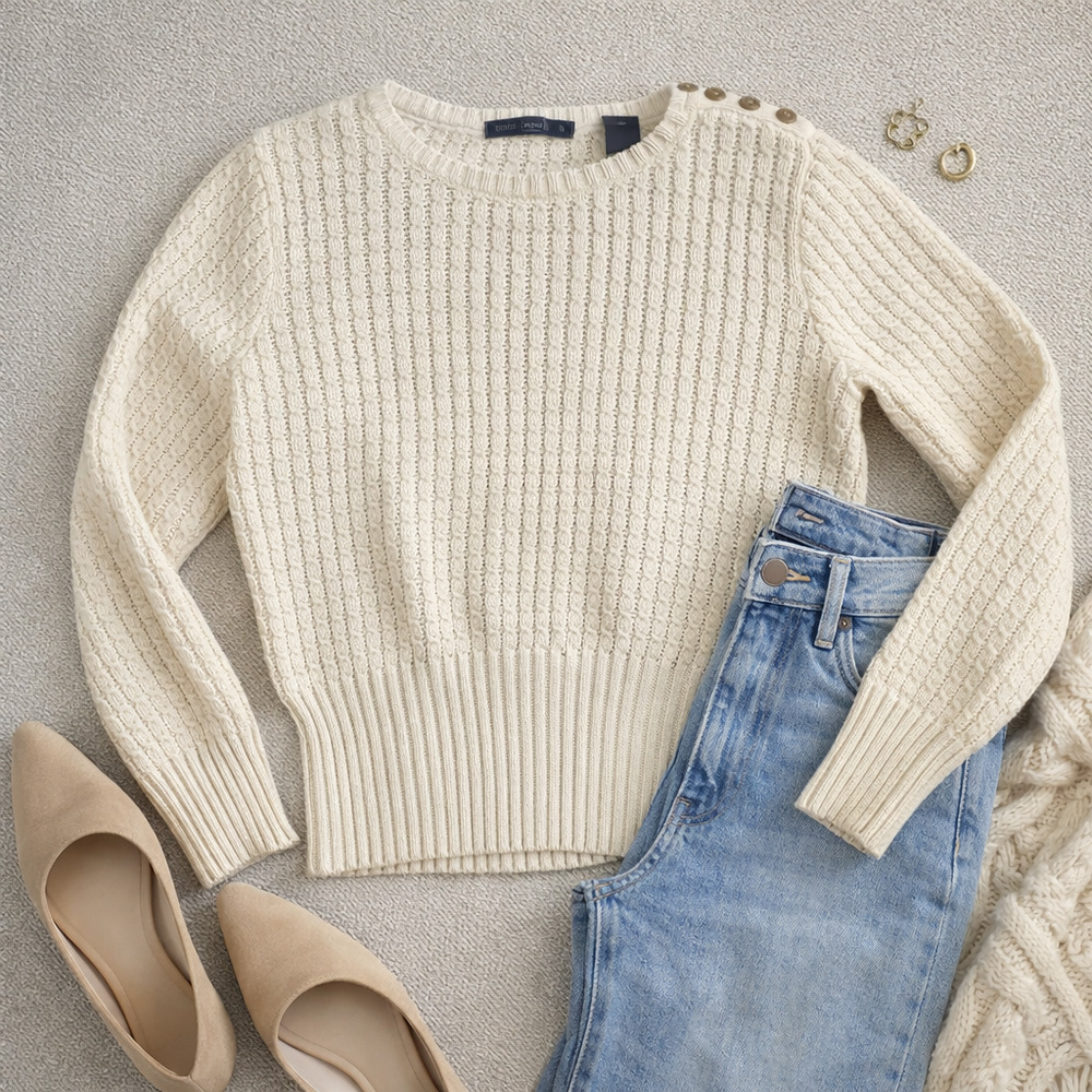 Liz Claiborne Cream Knit Sweater Button Shoulder Ribbed Cozy Women S